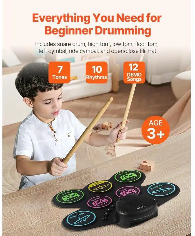 Alt view image 2 of 7 - VEVOR Electric Drum Set 7-Pad with Headphone Jack Pedals Speaker for Beginners & Kids