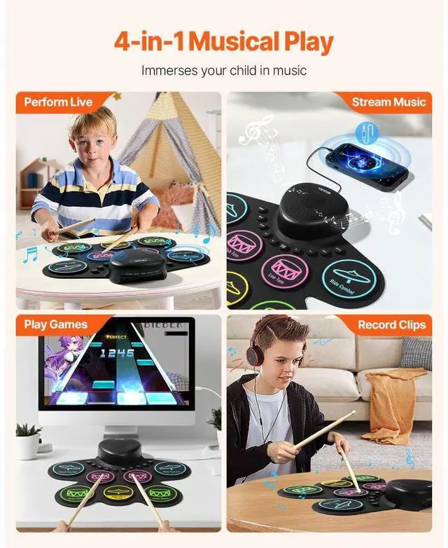 Alt view image 3 of 7 - VEVOR Electric Drum Set 7-Pad with Headphone Jack Pedals Speaker for Beginners & Kids