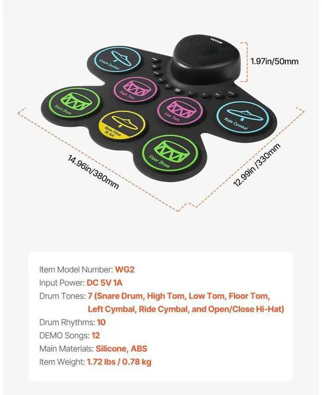 Alt view image 7 of 7 - VEVOR Electric Drum Set 7-Pad with Headphone Jack Pedals Speaker for Beginners & Kids