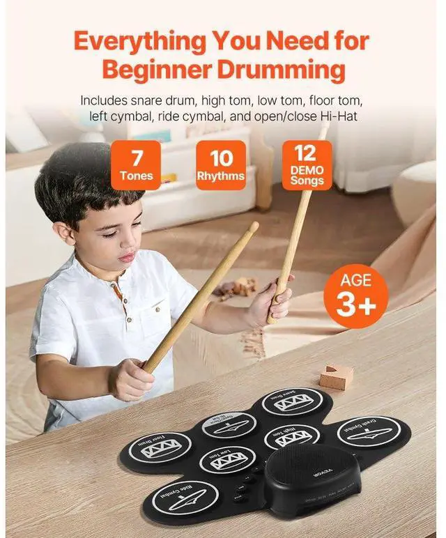 Alt view image 2 of 7 - VEVOR Electric Drum Set 7-Pad with Headphone Jack Pedals Speaker for Beginners & Kids