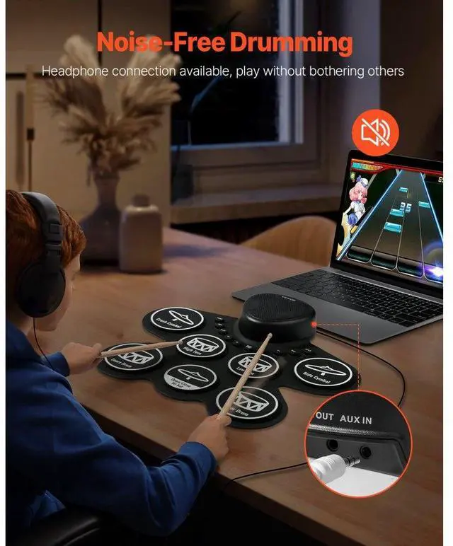 Alt view image 4 of 7 - VEVOR Electric Drum Set 7-Pad with Headphone Jack Pedals Speaker for Beginners & Kids