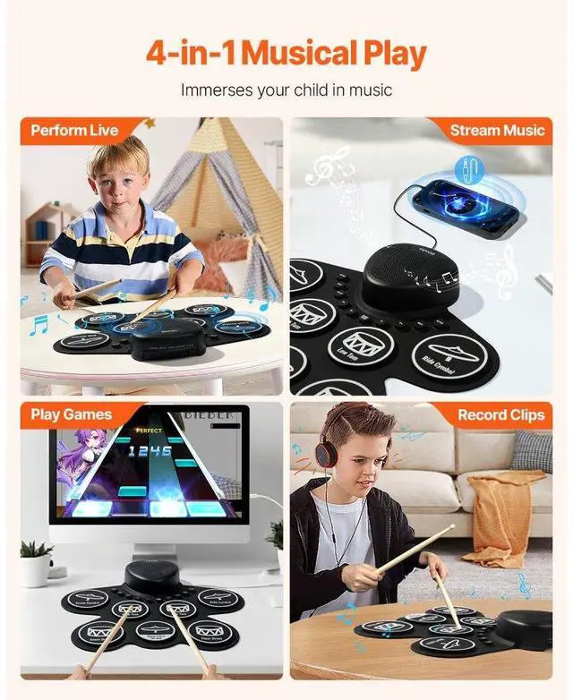 Alt view image 3 of 7 - VEVOR Electric Drum Set 7-Pad with Headphone Jack Pedals Speaker for Beginners & Kids