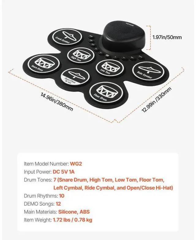 Alt view image 7 of 7 - VEVOR Electric Drum Set 7-Pad with Headphone Jack Pedals Speaker for Beginners & Kids