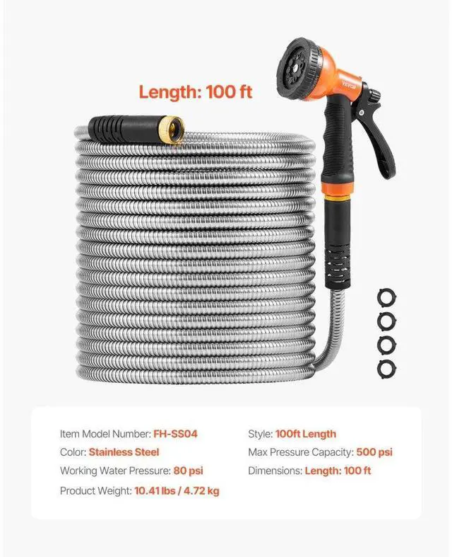 Alt view image 7 of 7 - VEVOR Metal Garden Hose 100 ft, Rust Proof Stainless Steel Water Hose, Heavy Duty Backyard Hose with 10 Function Nozzle, No-Kink & Flexible Water Pipe, Lightweight Metal Hose for Yard, Outdoor