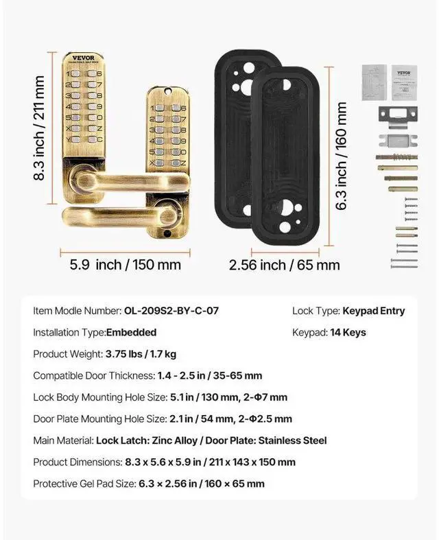 Alt view image 7 of 7 - VEVOR Mechanical Keyless Entry Door Lock 14 Key Mechanical Door Lock for Outdoor Fence