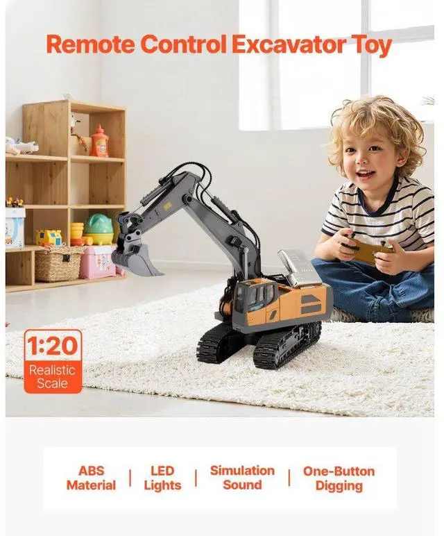 Alt view image 2 of 14 - VEVOR Remote Control Excavator Toy 11 Channel 1:20 Scale RC Excavator Digger for Kids