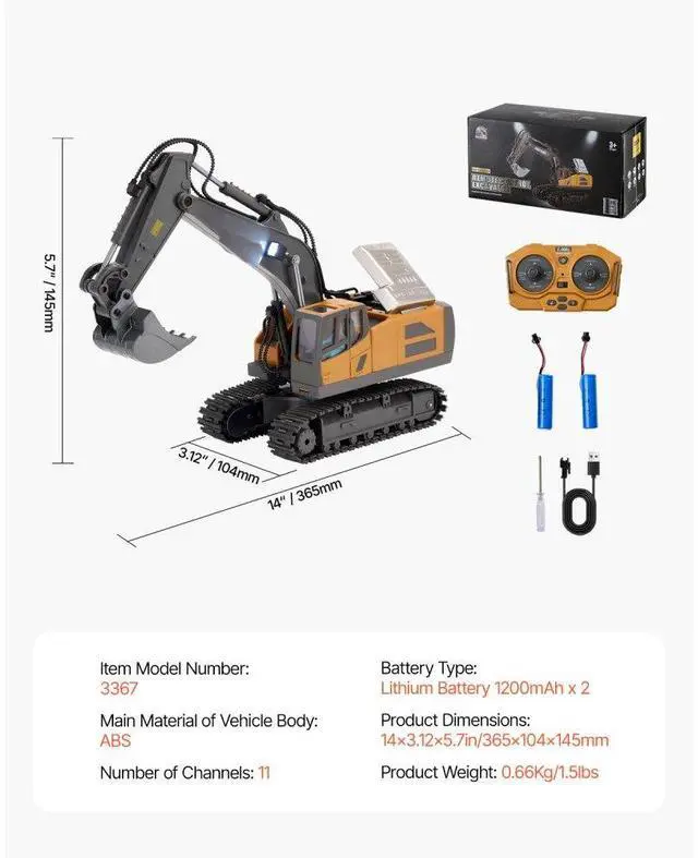Alt view image 7 of 14 - VEVOR Remote Control Excavator Toy 11 Channel 1:20 Scale RC Excavator Digger for Kids