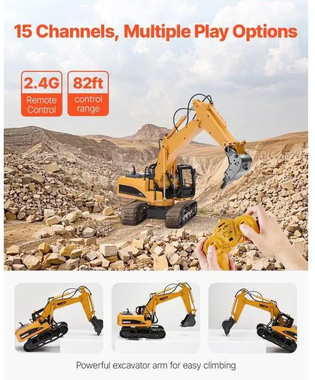 Alt view image 4 of 7 - VEVOR Remote Control Excavator Toy 15 Channel 1:14 Scale RC Excavator Digger for Kids
