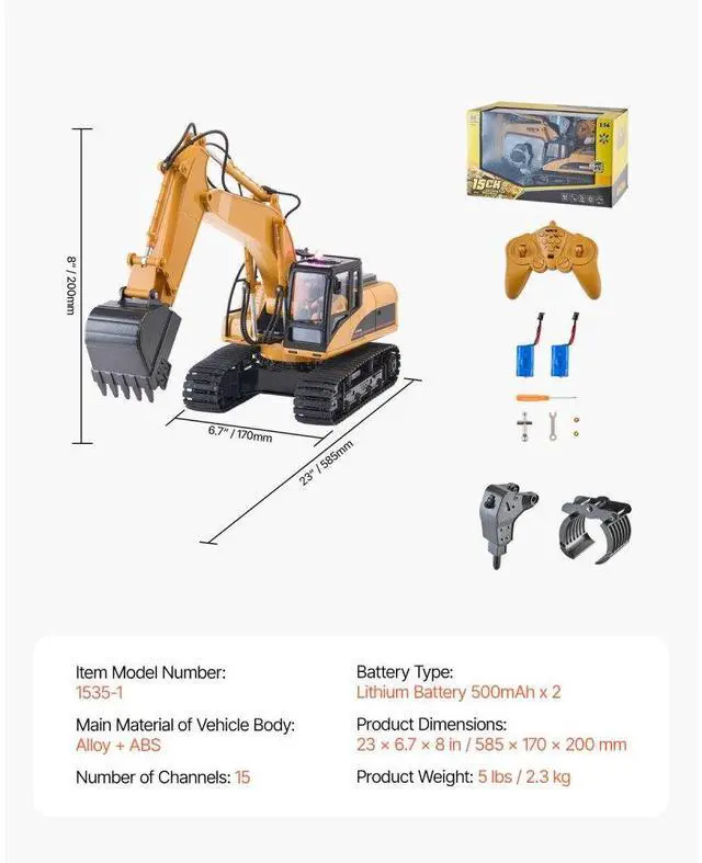 Alt view image 7 of 7 - VEVOR Remote Control Excavator Toy 15 Channel 1:14 Scale RC Excavator Digger for Kids