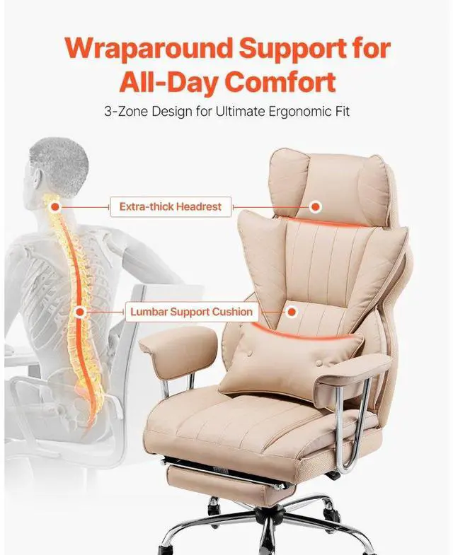 Alt view image 2 of 7 - VEVOR  Executive Office Chair with Footrest, 400 lbs Capacity With Heavy Duty PU Leather Wide Office Chair, Big and Tall Reclining Office Chairs with Lumbar Support, Strong Metal Base Quiet Wheels, K