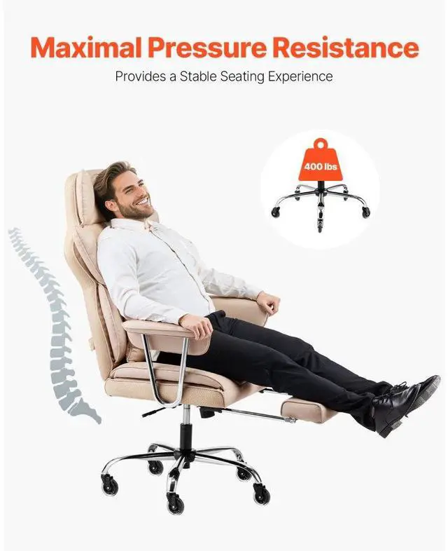 Alt view image 4 of 7 - VEVOR  Executive Office Chair with Footrest, 400 lbs Capacity With Heavy Duty PU Leather Wide Office Chair, Big and Tall Reclining Office Chairs with Lumbar Support, Strong Metal Base Quiet Wheels, K