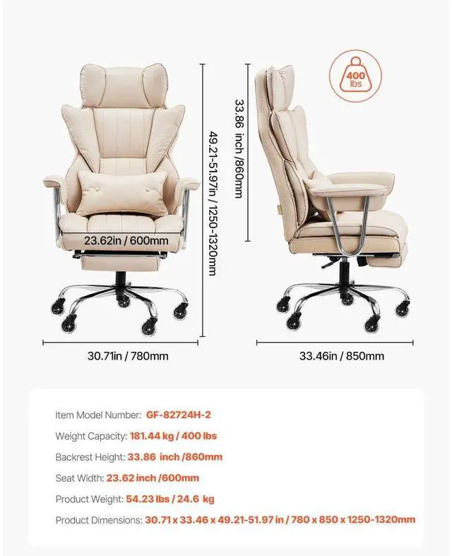 Alt view image 7 of 7 - VEVOR  Executive Office Chair with Footrest, 400 lbs Capacity With Heavy Duty PU Leather Wide Office Chair, Big and Tall Reclining Office Chairs with Lumbar Support, Strong Metal Base Quiet Wheels, K
