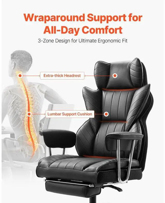 Alt view image 2 of 7 - VEVOR  Executive Office Chair with Footrest, 400 lbs Capacity With Heavy Duty PU Leather Wide Office Chair, Big and Tall Reclining Office Chairs with Lumbar Support, Strong Metal Base Quiet Wheels, B