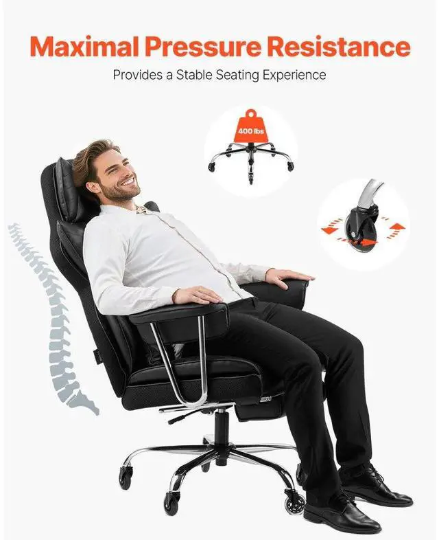 Alt view image 4 of 7 - VEVOR  Executive Office Chair with Footrest, 400 lbs Capacity With Heavy Duty PU Leather Wide Office Chair, Big and Tall Reclining Office Chairs with Lumbar Support, Strong Metal Base Quiet Wheels, B