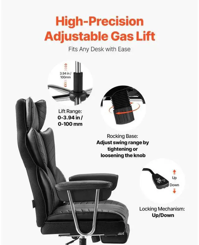 Alt view image 6 of 7 - VEVOR  Executive Office Chair with Footrest, 400 lbs Capacity With Heavy Duty PU Leather Wide Office Chair, Big and Tall Reclining Office Chairs with Lumbar Support, Strong Metal Base Quiet Wheels, B