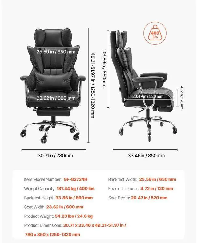 Alt view image 7 of 7 - VEVOR  Executive Office Chair with Footrest, 400 lbs Capacity With Heavy Duty PU Leather Wide Office Chair, Big and Tall Reclining Office Chairs with Lumbar Support, Strong Metal Base Quiet Wheels, B