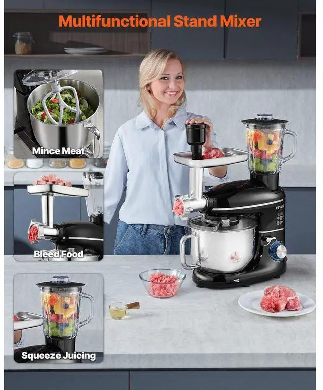 Alt view image 2 of 7 - VEVOR 3-in-1 Stand Mixer 5.9 QT Electric Dough Mixer 660W 6 + P Speeds Food Beater