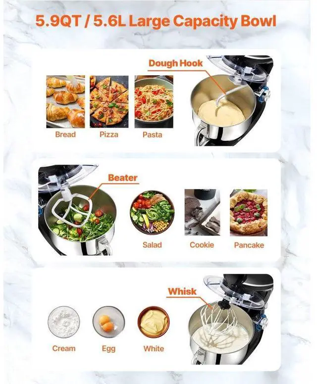 Alt view image 4 of 7 - VEVOR 3-in-1 Stand Mixer 5.9 QT Electric Dough Mixer 660W 6 + P Speeds Food Beater