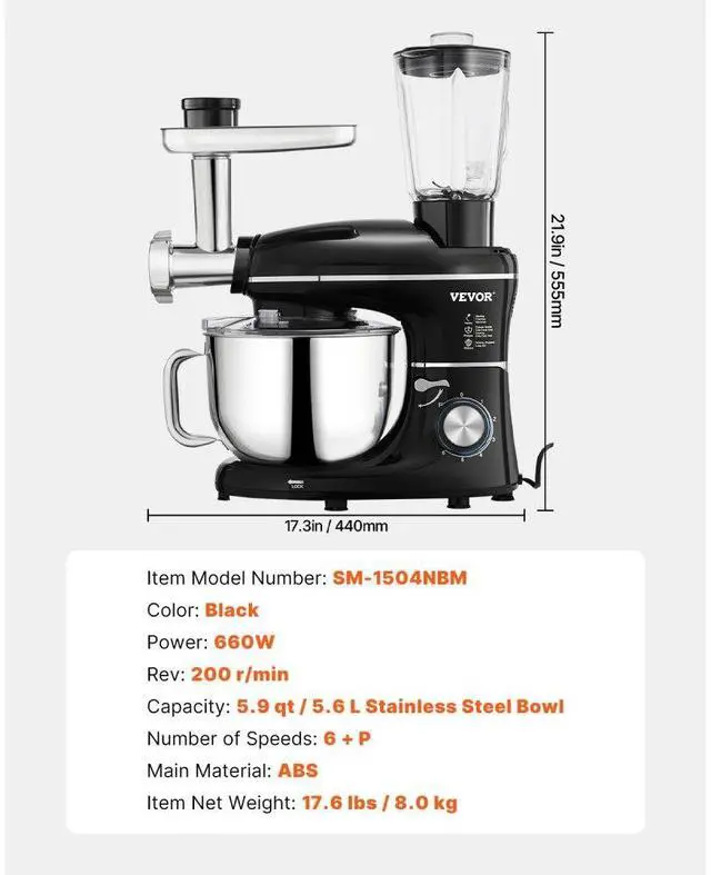 Alt view image 7 of 7 - VEVOR 3-in-1 Stand Mixer 5.9 QT Electric Dough Mixer 660W 6 + P Speeds Food Beater
