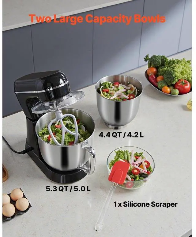 Alt view image 4 of 7 - VEVOR Stand Mixer 4.4 QT+5.3 QT Electric Dough Mixer 450W 10 + P Speeds Food Mixer