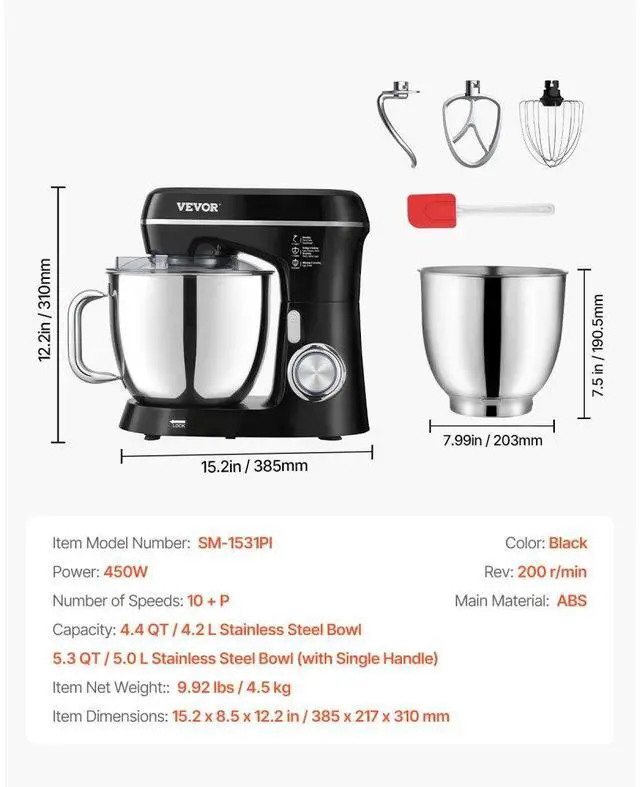 Alt view image 7 of 7 - VEVOR Stand Mixer 4.4 QT+5.3 QT Electric Dough Mixer 450W 10 + P Speeds Food Mixer