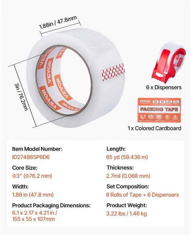 Alt view image 7 of 14 - VEVOR Clear Packing Tape 6 Rolls 65 Yards Clear Shipping Tape with Dispenser 2.7 Mil