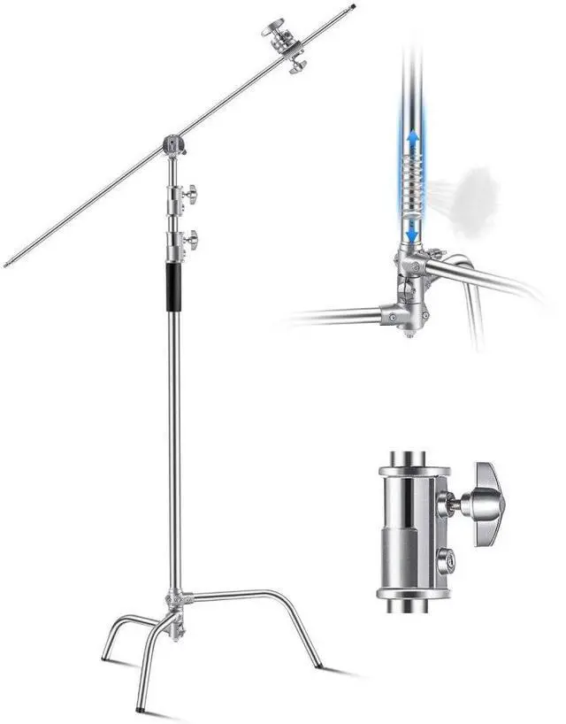 Main image of VEVOR C Stand with Boom Arm, Max Height 10.83 ft/330 cm, Stainless Steel Heavy Duty Photography Light Stand with 4.8-9.8 ft Adjustable Height, 2 Grip Head for Studio Monolight, Softbox, Reflector