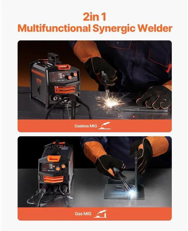 Alt view image 2 of 7 - VEVOR MIG Welder 130Amp Welding Machine 2-in-1 Gas MIG/Gasless Flux Core MIG Welder