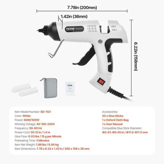 Alt view image 7 of 7 - VEVOR Hot Glue Gun, 60/100W Dual Power, Mini Hot Glue Gun with 20 Premium Glue Sticks and Oxford Cloth Bag, Fast Preheating & High Temp Melt Glue Gun for Crafts, Arts, DIY, Quick Home Repairs, White