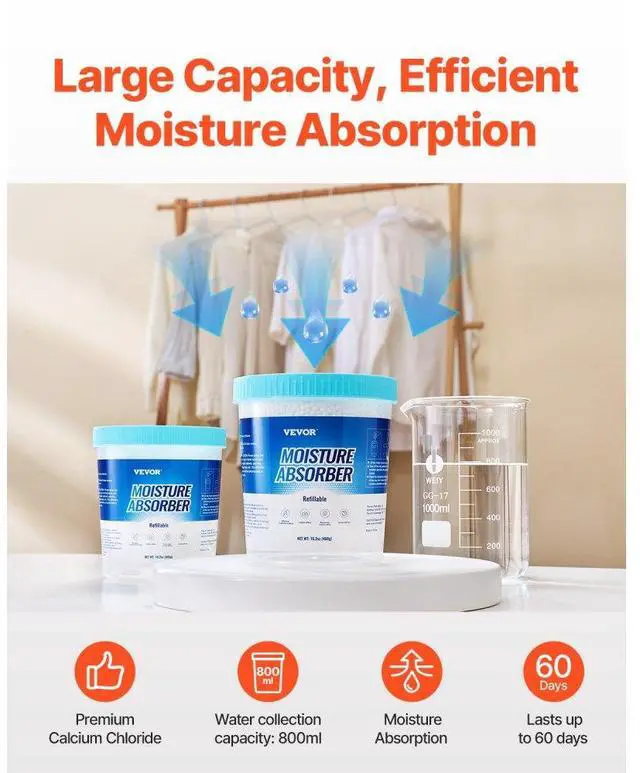 Alt view image 2 of 7 - VEVOR Moisture Absorber Bucket, 2 Packs 16.2 oz Hi-Capacity Moisture Absorber Bucket with 800ml Storage Area & Reusable Outer Bucket for Long-Term Use, Fragrance Free Moisture Absorber for Fresher Air