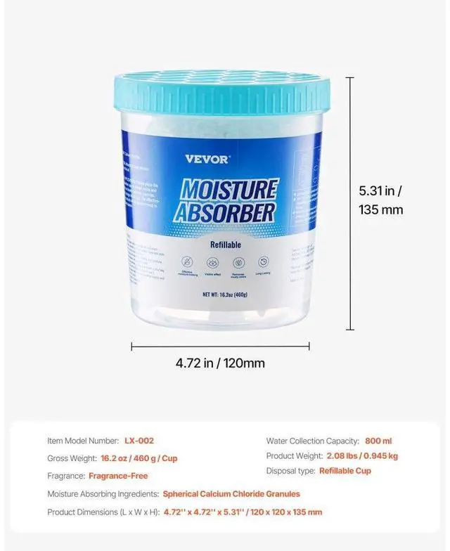Alt view image 7 of 7 - VEVOR Moisture Absorber Bucket, 2 Packs 16.2 oz Hi-Capacity Moisture Absorber Bucket with 800ml Storage Area & Reusable Outer Bucket for Long-Term Use, Fragrance Free Moisture Absorber for Fresher Air