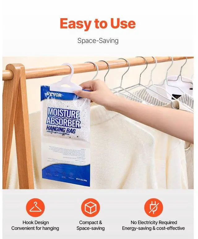 Alt view image 5 of 7 - VEVOR Hanging Moisture Absorber, 9.3 oz Hanging Closet Dehumidifier Bags(10 Packs), Fragrance Free Moisture Bags in Wardrobes, Bedrooms, Bathrooms