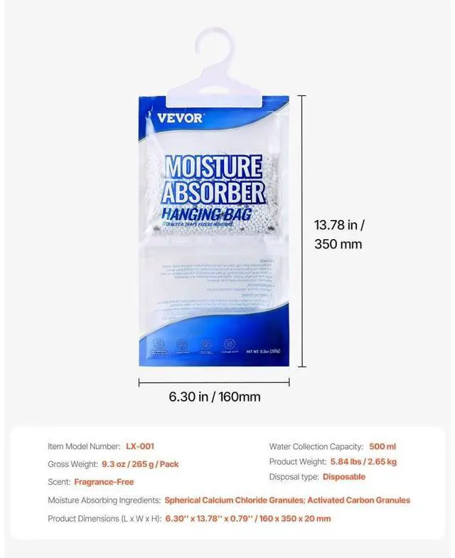 Alt view image 7 of 7 - VEVOR Hanging Moisture Absorber, 9.3 oz Hanging Closet Dehumidifier Bags(10 Packs), Fragrance Free Moisture Bags in Wardrobes, Bedrooms, Bathrooms