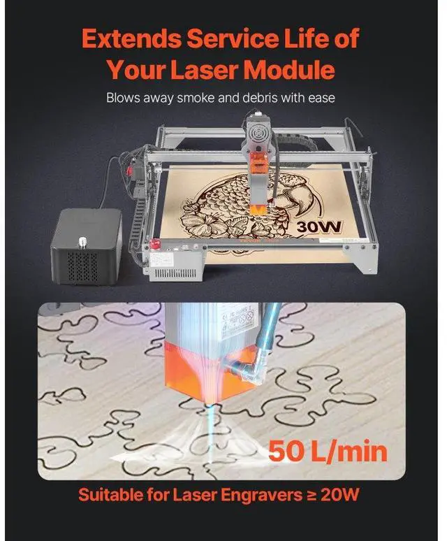 Alt view image 2 of 7 - Air Assist Adjustable 50 L/min Air Pump Kit for Laser Engraver and Cutter  20W