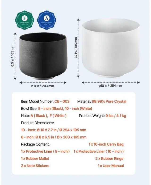 Alt view image 7 of 14 - VEVOR 2PCS Crystal Singing Bowls 8" and 10" A & F Note Singing Bowls with Carrying Bag
