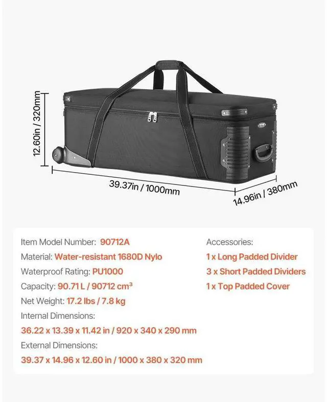 Alt view image 7 of 7 - VEVOR Studio Equipment Trolley Case 39.37 x 14.96 x 12.60 in Rolling Camera Carry Bag