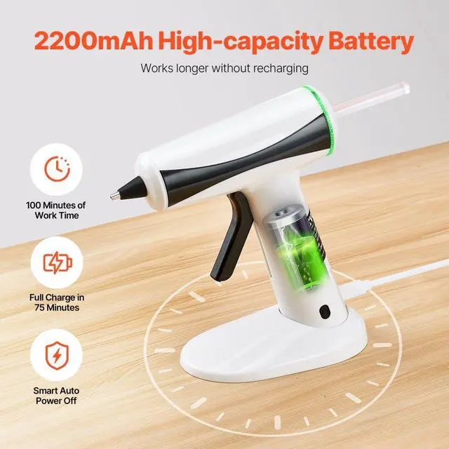 Alt view image 4 of 7 - VEVOR Hot Glue Gun, Rechargeable Cordless Glue Gun, Mini Wireless Hot Glue Gun Kit with 2200mAh Battery, 20 Pcs Glue Sticks, Fast Preheating & High Temp, for Crafts, Arts, DIY, Quick Home Repairs