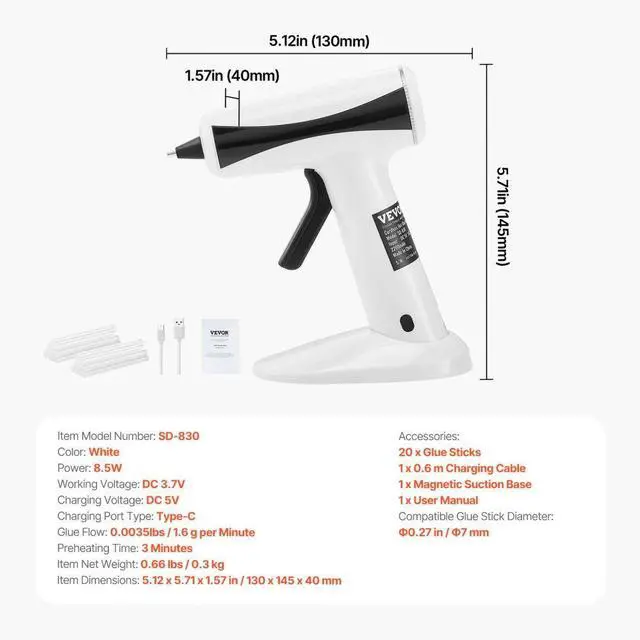 Alt view image 7 of 7 - VEVOR Hot Glue Gun, Rechargeable Cordless Glue Gun, Mini Wireless Hot Glue Gun Kit with 2200mAh Battery, 20 Pcs Glue Sticks, Fast Preheating & High Temp, for Crafts, Arts, DIY, Quick Home Repairs