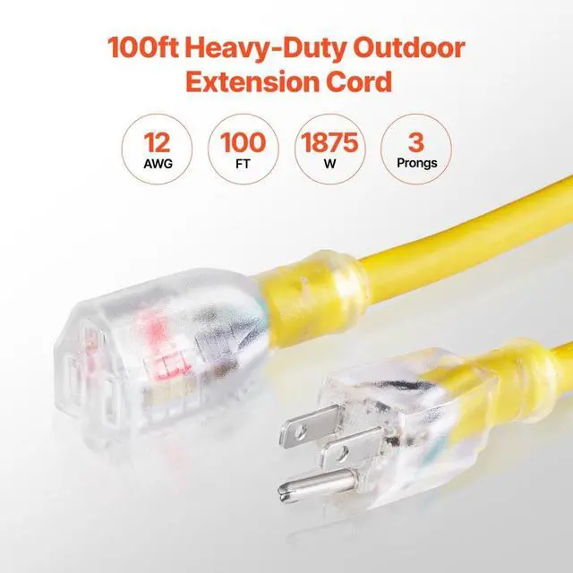 Alt view image 2 of 7 - 100FT Heavy Duty Extension Cord 12AWG 15Amps 1875W 3 Prongs with Lighted End