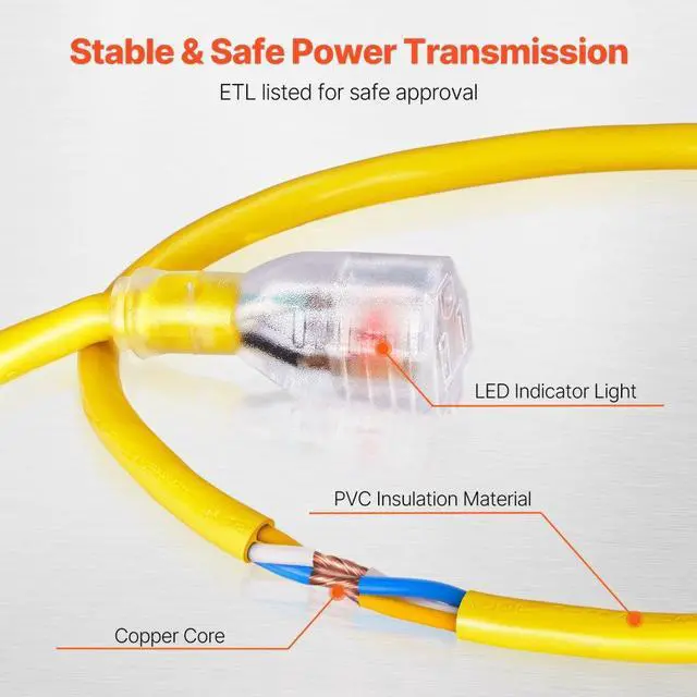 Alt view image 4 of 7 - 100FT Heavy Duty Extension Cord 12AWG 15Amps 1875W 3 Prongs with Lighted End