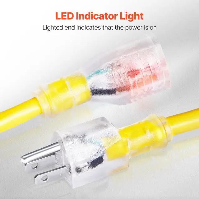 Alt view image 5 of 7 - 100FT Heavy Duty Extension Cord 12AWG 15Amps 1875W 3 Prongs with Lighted End