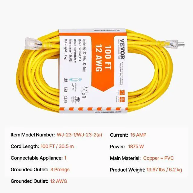 Alt view image 7 of 7 - 100FT Heavy Duty Extension Cord 12AWG 15Amps 1875W 3 Prongs with Lighted End