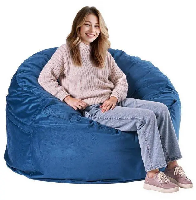 Main image of VEVOR Bean Bag Chair, Round BeanBag Chair with Removable & Washable Cover for Adult, Dutch Velvet & High-Density Foam Filling Adult Bean Bag with Handle and Side Pocket for Living Room, Bedroom, Blue