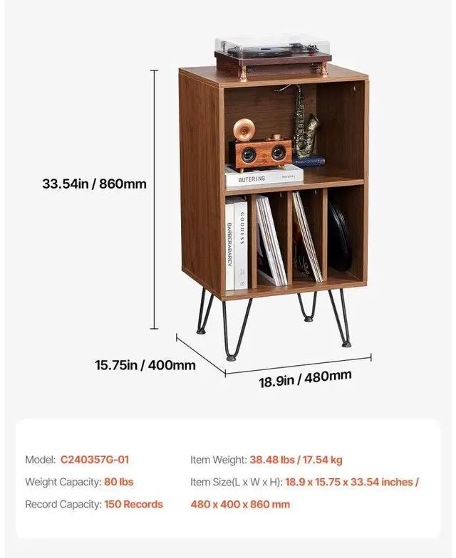 Alt view image 7 of 7 - VEVOR 3-Tier Record Player Stand Metal Vinyl Record Stand up to 150 Album Brown