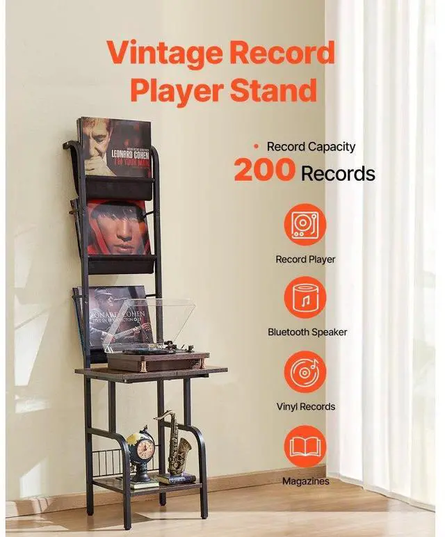 Alt view image 2 of 14 - VEVOR 5 Tiers Record Player with LED Light & USB Ports Metal Vinyl Shelf Black
