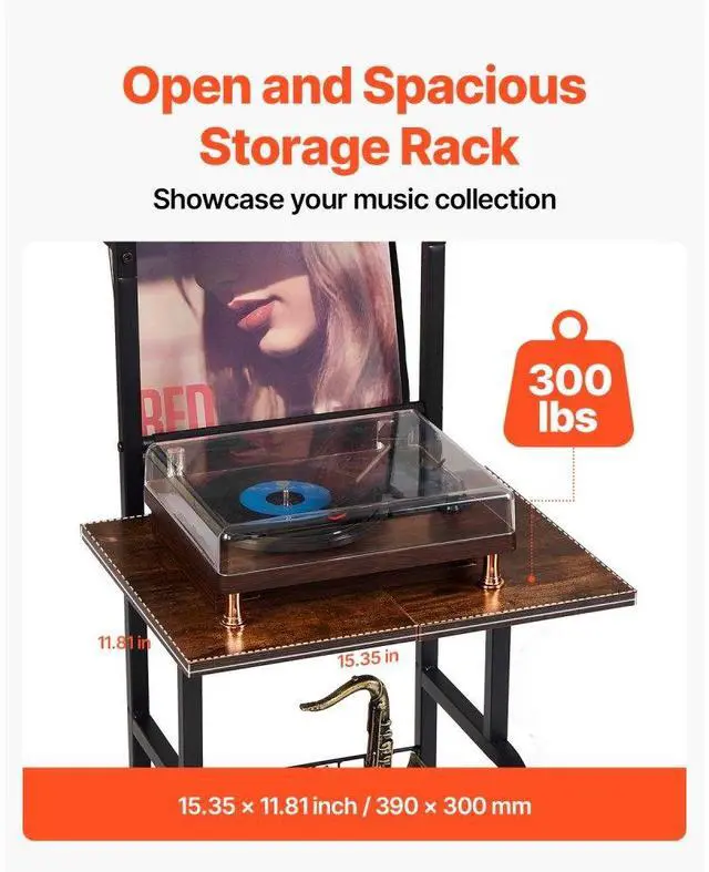 Alt view image 4 of 14 - VEVOR 5 Tiers Record Player with LED Light & USB Ports Metal Vinyl Shelf Black