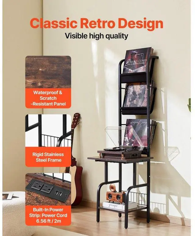 Alt view image 5 of 14 - VEVOR 5 Tiers Record Player with LED Light & USB Ports Metal Vinyl Shelf Black