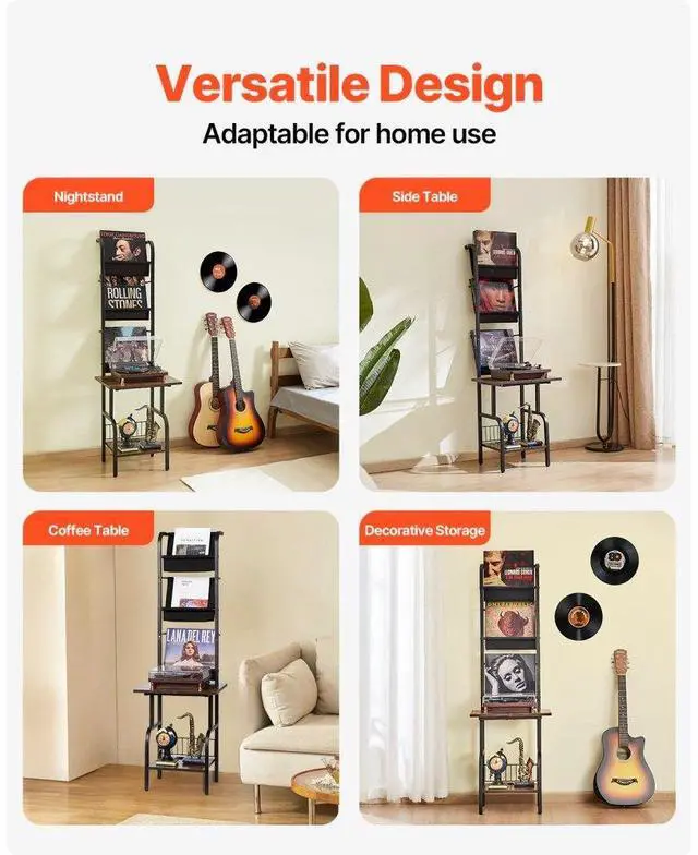 Alt view image 6 of 14 - VEVOR 5 Tiers Record Player with LED Light & USB Ports Metal Vinyl Shelf Black