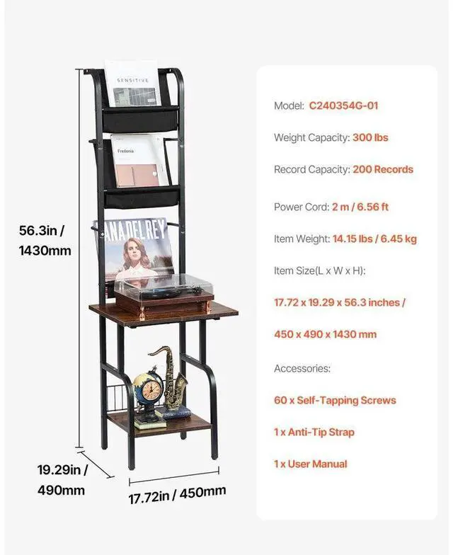 Alt view image 7 of 14 - VEVOR 5 Tiers Record Player with LED Light & USB Ports Metal Vinyl Shelf Black