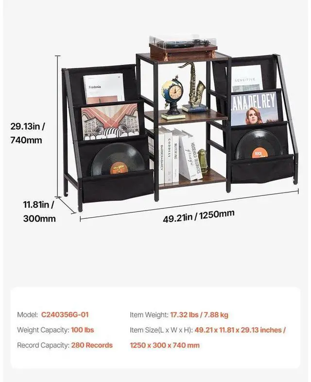 Alt view image 7 of 7 - VEVOR 3-Tier Record Player Stand Metal Vinyl Record Stand up to 280 Album Black